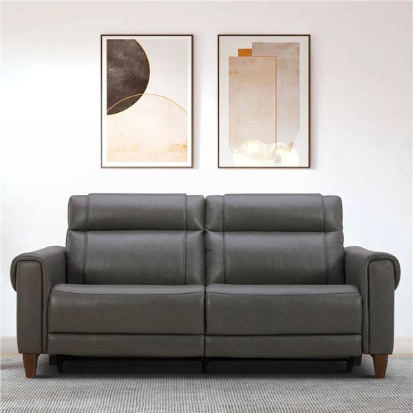 Gray Leather Reclining Sofa With Dual Controls, 3'W x 7'L