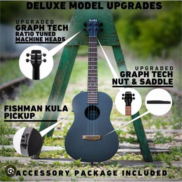 KLOS Black Carbon Fiber Acoustic Electric Ukulele Kit with Accessories