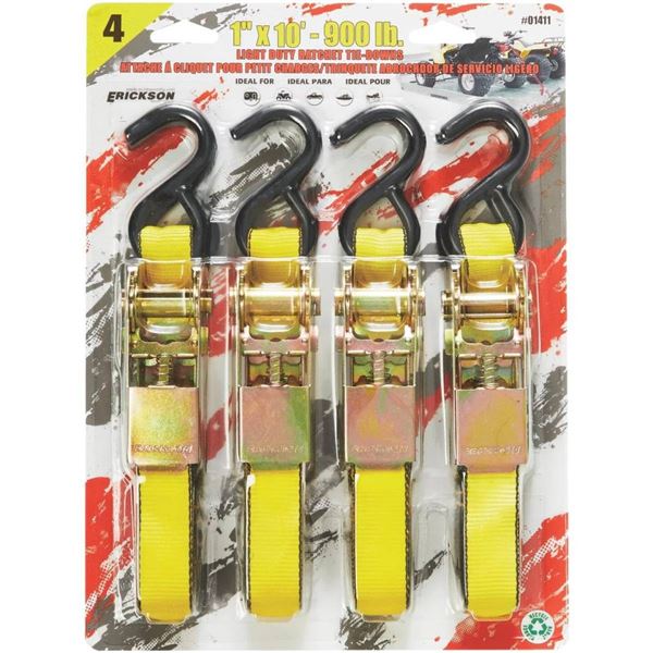 Erickson 1 in x 10 ft Ratchet Tie-Down Straps, 900 lb Capacity, Set of 4