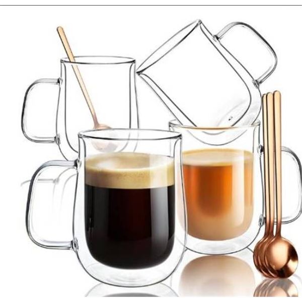 Comome Double Walled 16 OZ, Borosilicate Glass Coffee Cups Set of 4 with Spoons