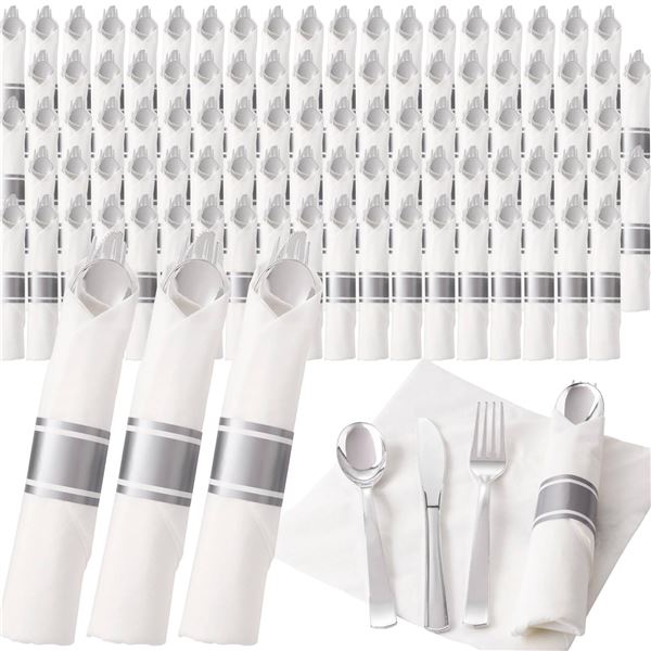 50 Pieces Rolled Plastic Silverware in Silver Color