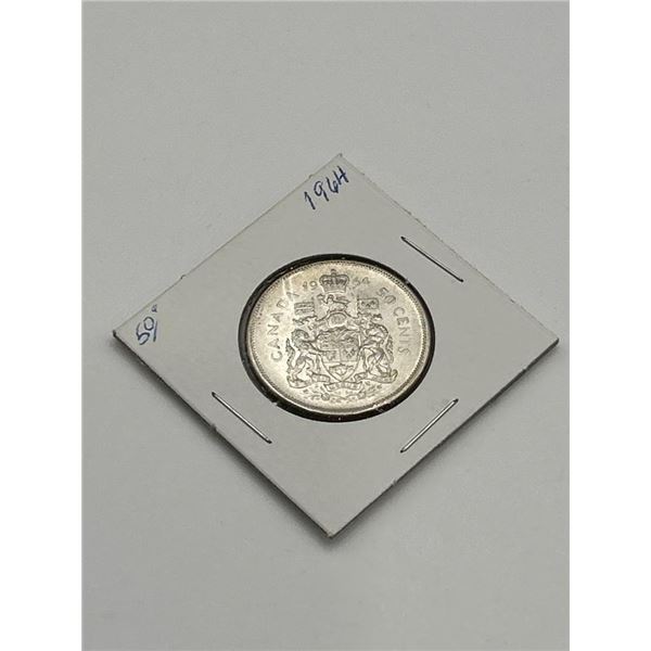 1964 Canadian 50-Cent Silver Coin Featuring Queen Elizabeth II and Canadian Coat of Arms