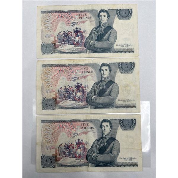 Bank of England Five Pound Notes Featuring Series and Signatures lot of 3