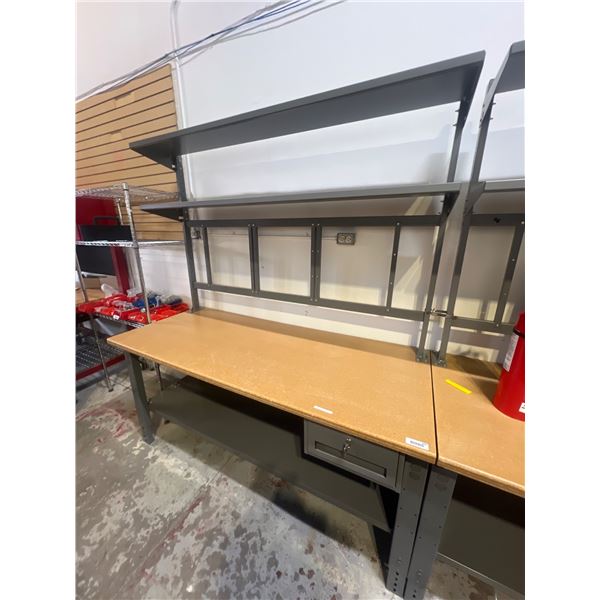 Uline Industrial Workbench With Overhead Shelving and Keyed Drawer, 6 ft x 7 ft x 30 in