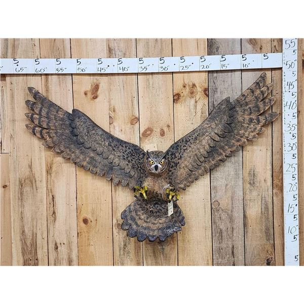 Hand Carved Great Horned Owl In Flight Wood Carving
