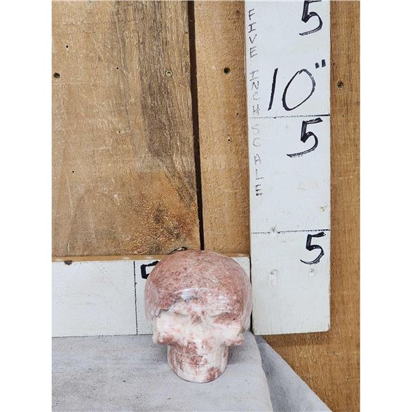 Hand Carved Human Skull In Strawberry Jasper Stone
