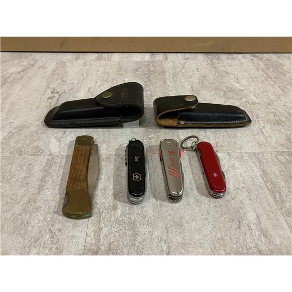 Assorted Pocket Knife Lot + 2 Empty Leather Sheaths - Victorinox Style Multi-Tools + Folding Knife