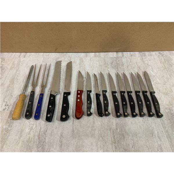 Lot of 13 Knives 2 Carving Forks One Sharpener