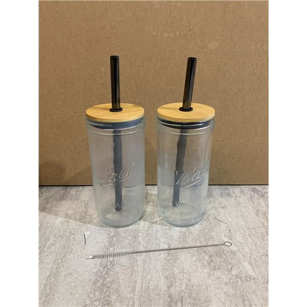 Pack of 2 Mason Jars w/ Metal Straws & Lids - 24oz