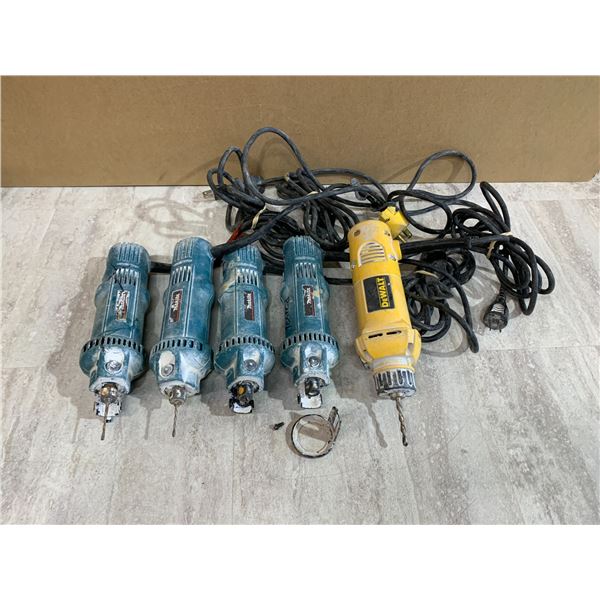 Lot of 4 Makita 3706 Rotary Tools And 1 Dewalt DW660 All Turn on But Not Complete