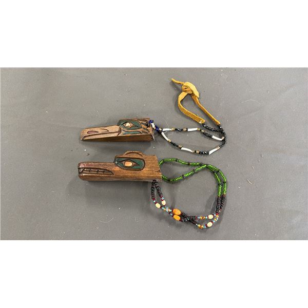 (2) HAND CARVED & HAND PAINTED WOOD FIRST NATIONS WOLF & RAVEN PENDANTS ON BEADED CHAINS