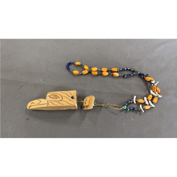 HAND CARVED FIRST NATIONS WOOD EAGLE PENDANT WITH COPPER INLAY EYES ON BEADED CHAIN: APPROX. 4"L