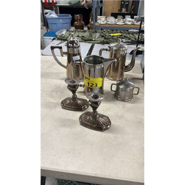 SILVER PLATED CANDLESTICKS & STAINLESS STEEL ART DECO STYLE COFFEE POTS & SMALL LIDDED POT