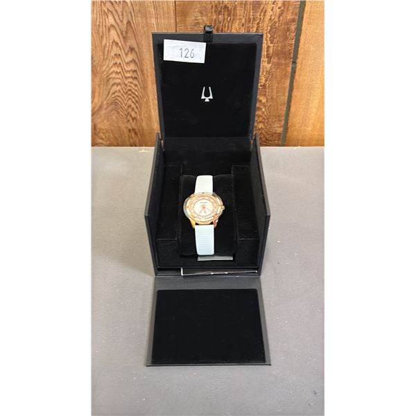 *NEW IN BOX WITH TAGS* BULOVA LADIES ENAMEL INLAYED ANALOGUE WATCH WITH LEATHER BAND