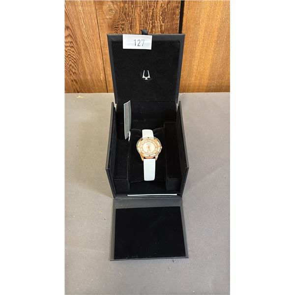 *NEW IN BOX WITH TAGS* BULOVA LADIES ENAMEL INLAYED ANALOGUE WATCH WITH LEATHER BAND