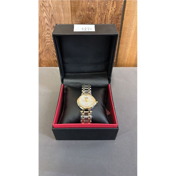 *NEW IN BOX WITH TAGS* BURGI LADIES ANALOGUE DATE WATCH WITH CRYSTAL STUDDED BEZEL
