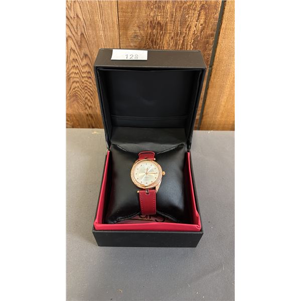 *NEW IN BOX WITH TAGS* BURGI LADIES ANALOGUE WATCH WITH CRYSTAL STUDDED BEZEL & LEATHER BAND