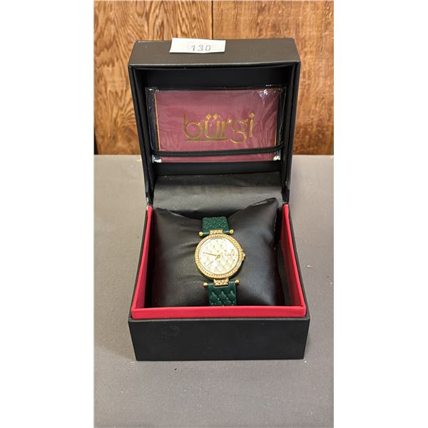 *NEW IN BOX WITH TAGS* BURGI LADIES WATCH WITH SWAROVSKI CRYSTAL BEZEL & FACE - LEATHER BAND