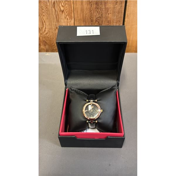 *NEW IN BOX WITH TAGS* BURGI LADIES ANALOGUE WATCH WITH BLACK FLORAL ETCHED FACE & LEATHER BAND