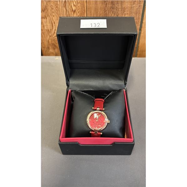 *NEW IN BOX WITH TAGS* BULGI LADIES ANALOGUE WATCH WITH RED FLORAL ETCHED FACE  & LEATHER BAND