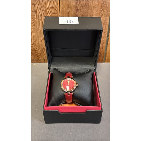 *NEW IN BOX WITH TAGS* BULGI LADIES ANALOGUE WATCH WITH RED FLORAL ETCHED FACE & LEATHER BAND