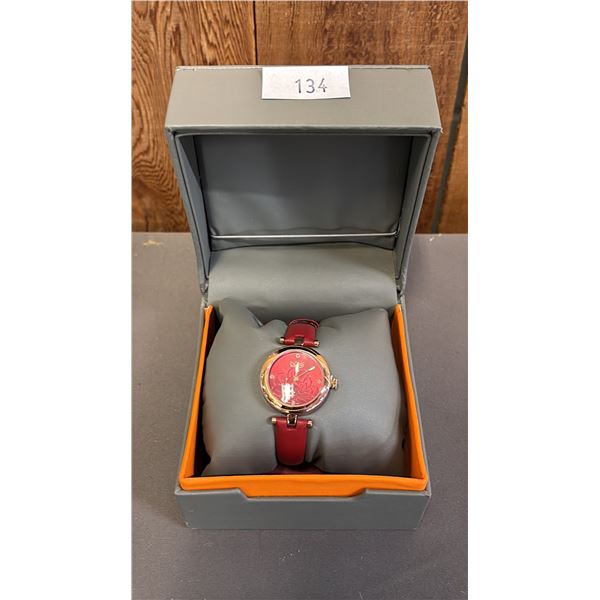 *NEW IN BOX WITH TAGS* BULGI LADIES ANALOGUE WATCH WITH RED FLORAL ETCHED FACE  & LEATHER BAND
