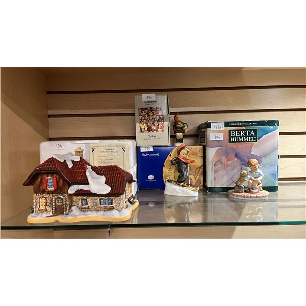 (3) ASSORTED VINTAGE CERAMIC HUMMEL FIGURINES & (1) HUMMEL HOUSE WITH ORIGINAL BOXES