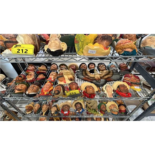 SHELF OF ASSORTED VINTAGE BOSSONS CHALKWARE HEADS