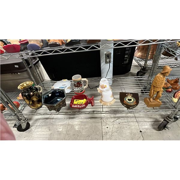 SHELF OF ASSORTED VINTAGE ITEMS INCLUDING: BRASS ENAMELED VASE, MILK GLASS LAMP SHADES & MORE