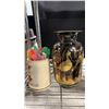 Image 2 : SHELF OF ASSORTED VINTAGE ITEMS INCLUDING: BRASS ENAMELED VASE, MILK GLASS LAMP SHADES & MORE