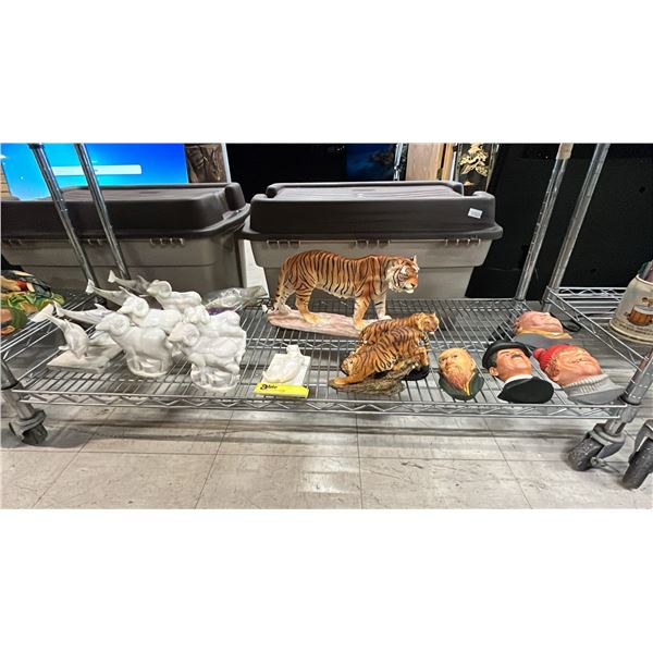 SHELF OF ASSORTED PEARLITE & RESIN ANIMAL FIGURES & (4) VINTAGE CHALKWARE BOSSUNS HEADS