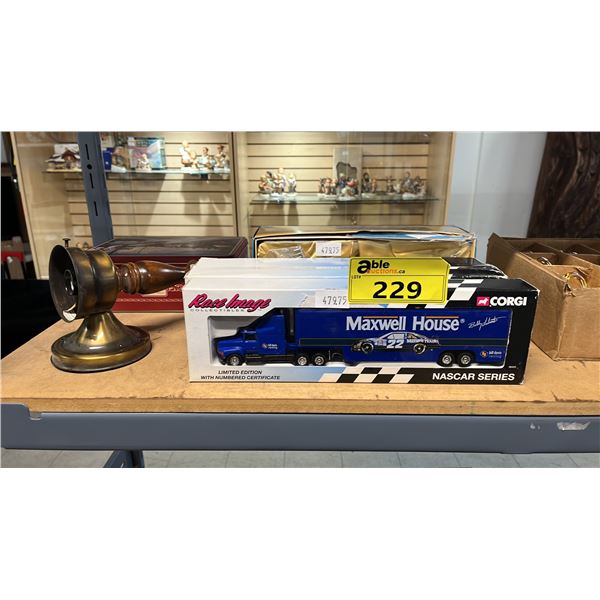 (3) CORGI DIECAST NASCAR SERIES TRUCKS, CORGI DIECAST GREYHOUND BUS, WALL SCONCE & VINTAGE TIN