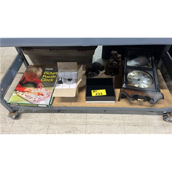 SHELF OF ASSORTED ITEMS: VICTORY PICTURE PUZZLE CLOCK, BOX OF RING BOXES, WALL CLOCK & MORE