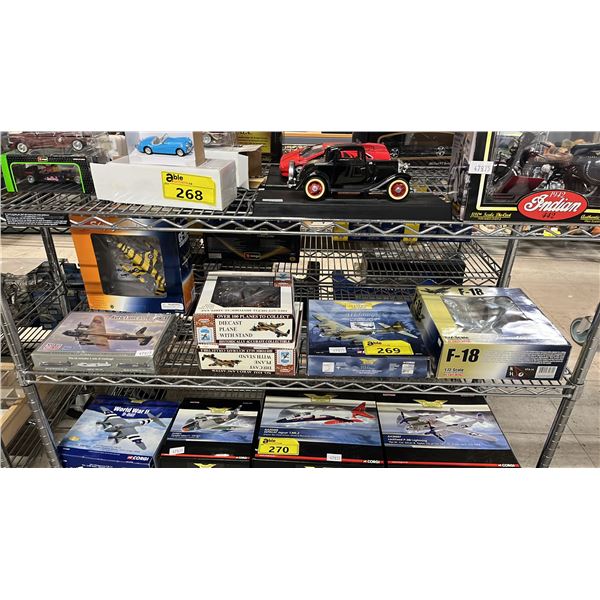 SHELF OF ASSORTED DIECAST SCALE MODEL AIRPLANES: INCLUDES 1 SCALE MODEL KIT