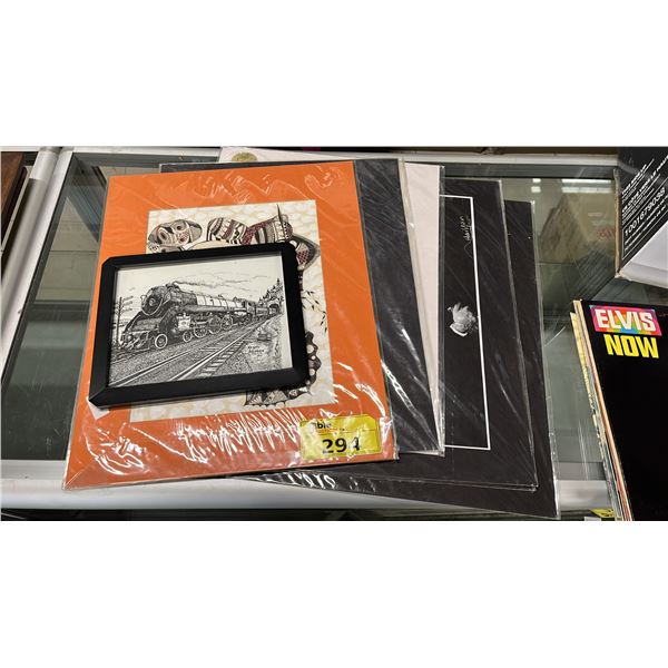FRAMED ORIGINAL INK TRAIN DRAWING, ORIGINAL PAINT & INK DRAWING & (5) ASSORTED PRINTS