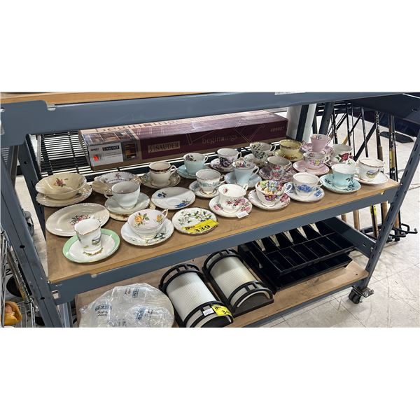 SHELF OF ASSORTED VINTAGE CHINA TEACUPS & SAUCERS: ROYAL ALBERT, COLCLOUGH, PARAGON & MORE