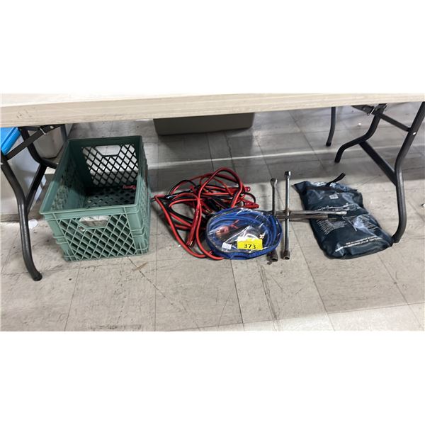ASSORTED JUMPER CABLERS, TIRE IRONS & MILK CRATE
