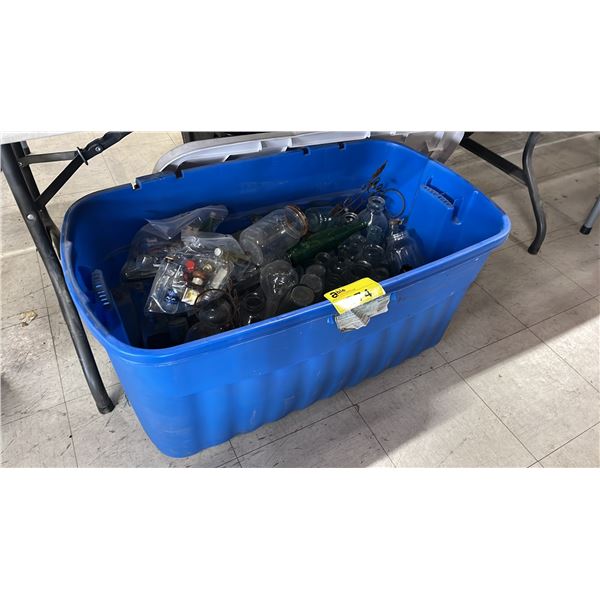 TOTE OF ASSORTED GLASSWARE, BOTTLES & MORE