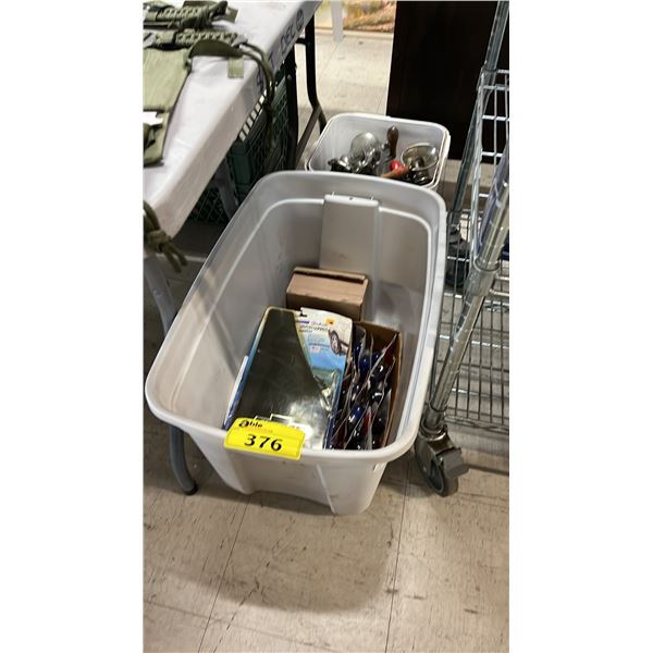 2 BINS OF ASSORTED ITEMS INCLUDING: LIGHTBULBS, VEHICLE SPLASH GUARDS, VINTAGE MEAT GRINDERS & MORE
