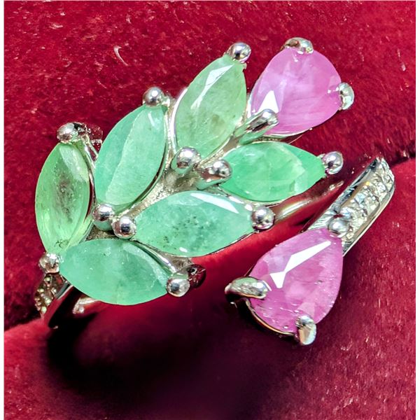 SILVER(3.69G), RUBY AND EMERALD (2.2CT)RING SUGGESTED RETAIL VALUE $300