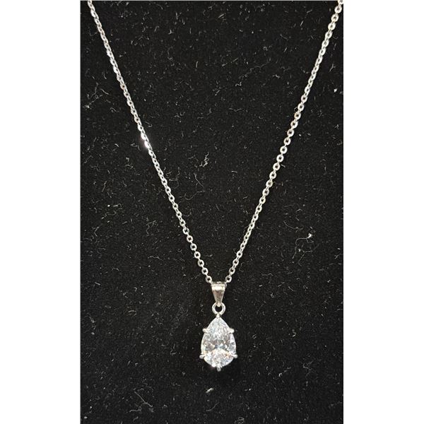 *NEW* STERLING SILVER 2CT PEAR CUT SIMULATED DIAMOND (CZ) NECKLACE: 16" TO 18" LONG