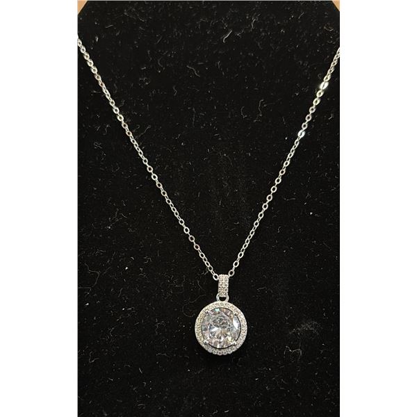 *NEW* .925 SILVER 3CT SIMULATED DIAMOND (CZ) HALO NECKLACE: ADJUSTABLE 16" TO 18" LONG