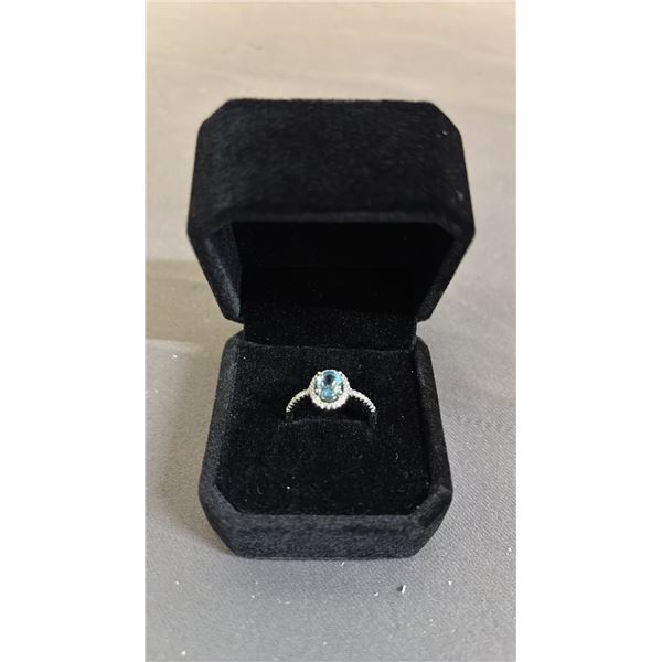 *NEW* STERLING SILVER 1CT OVAL CUT NATURAL SWISS BLUE TOPAZ HALO RING: RESIZEABLE