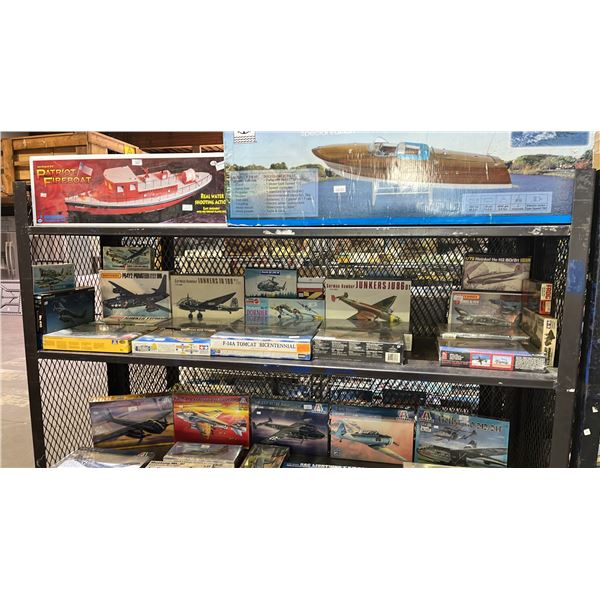 SHELF OF ASSORTED AIRPLANE & HELICOPTER MODEL KITS: HASEGAWA, TAMIYA, HOBBY CRAFT & MORE