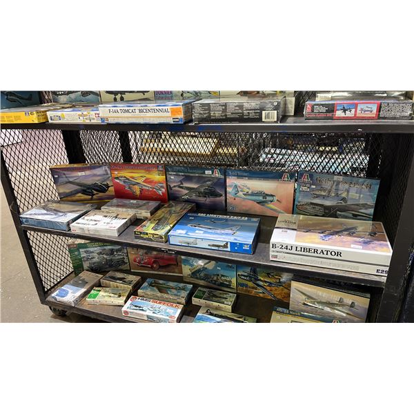 SHELF OF ASSORTED AIRPLANE & HELICOPTER MODEL KITS: ITALERI, REVELL, HASEGAWA & MORE