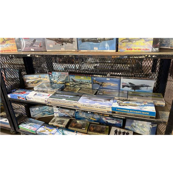 SHELF OF ASSORTED AIRPLANE MODEL KITS: HASEGAWA, ENTEX, ITALERI & MORE