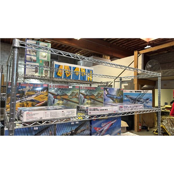 SHELF OF TYPE 97 SIDECAR W/FIGURES & ASSORTED AIRPLANE MODEL KITS: ACADEMY, HASEGAWA, AZMODEL & MORE