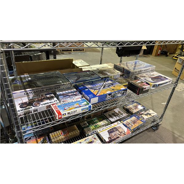 SHELF OF ASSORTED AIR & GROUND VEHICLE MODEL KITS: ROSHIMA, KIRIN, MONOGRAM & MORE