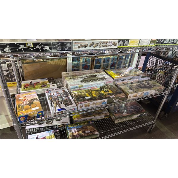 SHELF OF ASSORTED MILITARY TANK & FIGURE MODEL KITS: DRAGON, TAMIYA & AIRFIX