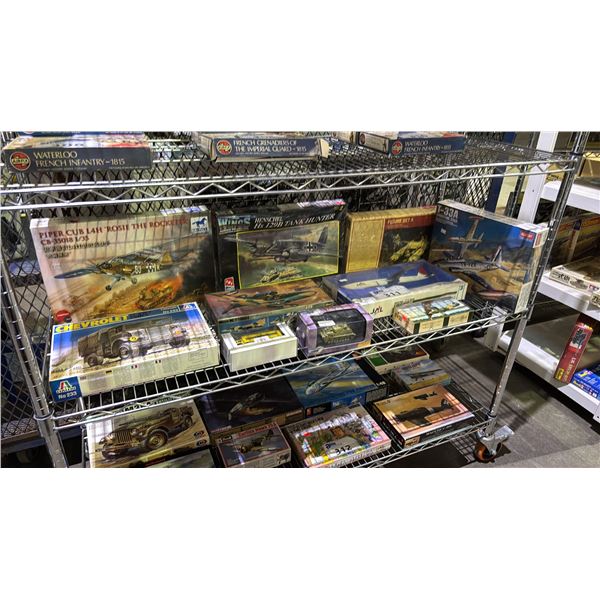 SHELF OF ASSORTED MODELS & MODEL KITS: TRUCK, MILITARY VEHICLES & AIRPLANES